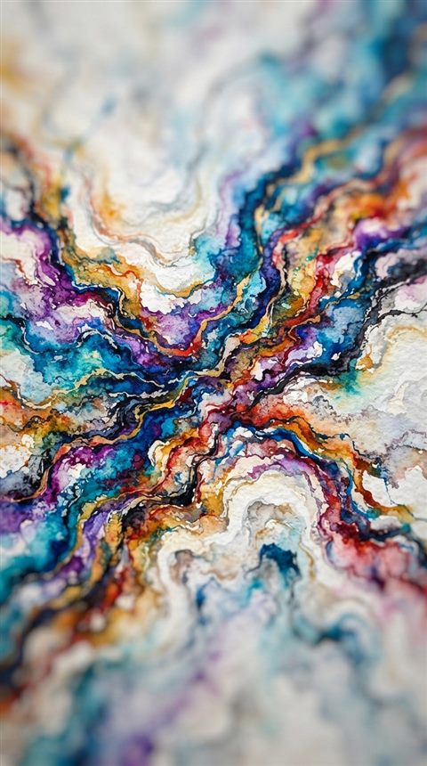 Watercolor illustration of marble texture, close-up detail with shallow depth of field, vivid colors, high contrast, energetic, 9:16 aspect ratio