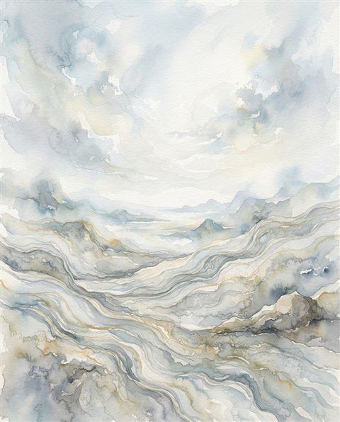 Watercolor illustration of marble texture, wide shot with open space at the top for text, misty morning haze, dreamy, 4:5 aspect ratio