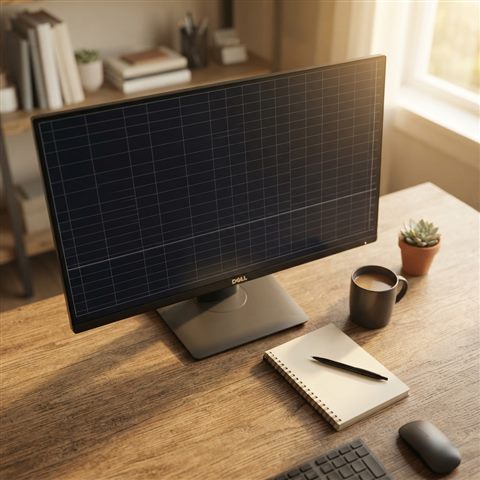 Photorealistic photo of a blank financial chart on a screen with grid lines, high-angle view from above, warm golden light, calm mood, 1:1 aspect ratio