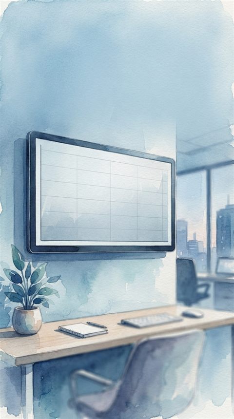 Watercolor illustration of a blank financial chart on a screen with grid lines, wide shot with open space at the top for text, cool blue tones, quiet atmosphere, 9:16 aspect ratio
