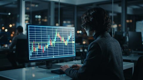 Cinematic film still of a blank financial chart on a screen with grid lines, wide shot with open space at the top for text, vivid colors, high contrast, energetic, 16:9 aspect ratio