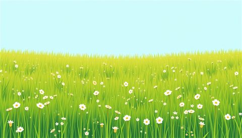 Minimal flat illustration of Vibrant green meadow filled with wild grass and small flowers under a bright blue sky, centered subject with a simple uncluttered composition, soft pastel colors, bright and cozy, 16:9 aspect ratio