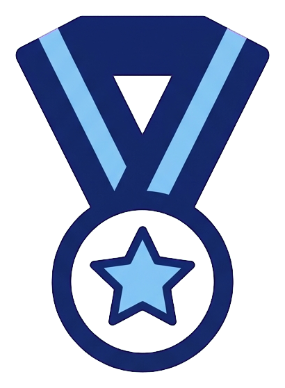Duotone icon, navy blue and light blue of a medal with a ribbon icon, transparent background PNG