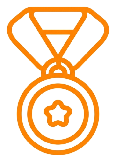 Rounded line icon, thick orange outline of a medal with a ribbon icon, transparent background PNG