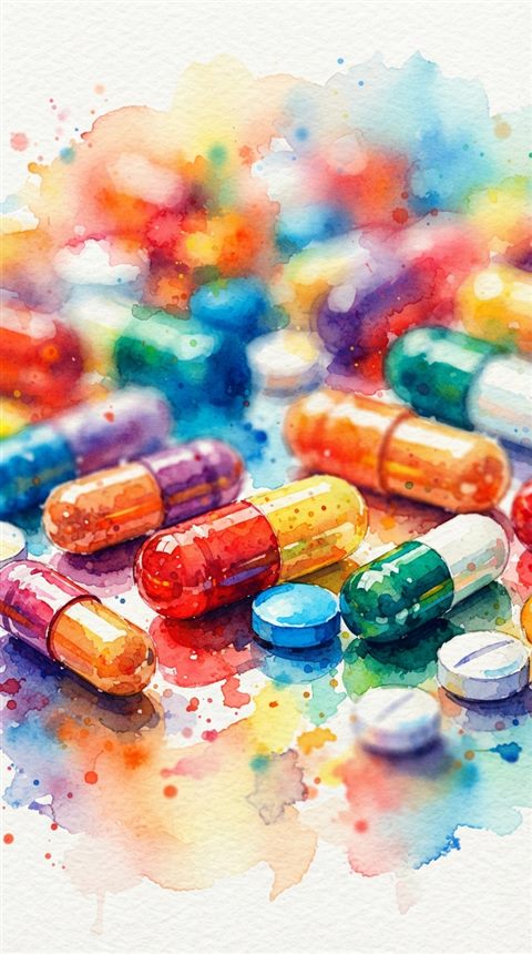 Watercolor illustration of pills and capsules, close-up detail with shallow depth of field, vivid colors, high contrast, energetic, 9:16 aspect ratio