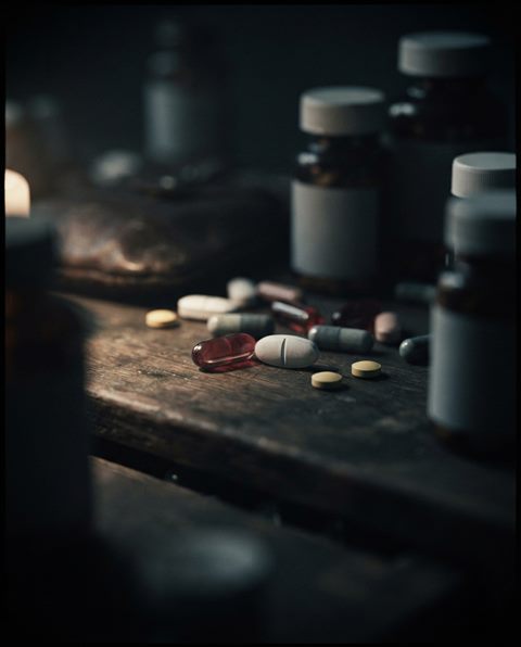 Cinematic film still of pills and capsules, close-up detail with shallow depth of field, moody dark tones, dramatic lighting, 4:5 aspect ratio