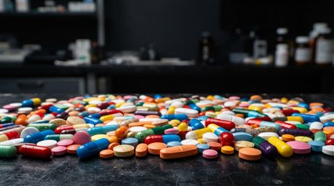 Photorealistic photo of pills and capsules, wide shot with open space at the top for text, vivid colors, high contrast, energetic, 16:9 aspect ratio