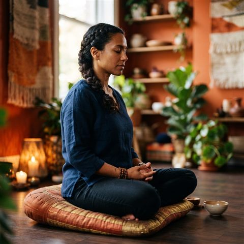 Photorealistic photo of a person meditating in a calm room, close-up detail with shallow depth of field, vivid colors, high contrast, energetic, 1:1 aspect ratio