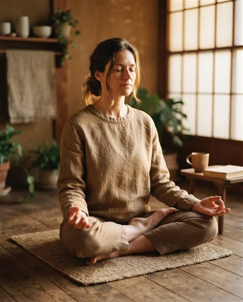 Cinematic film still of a person meditating in a calm room, close-up detail with shallow depth of field, warm golden light, calm mood, 4:5 aspect ratio