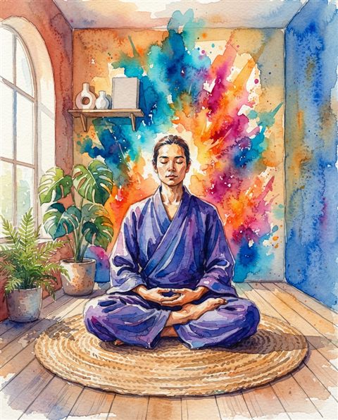 Watercolor illustration of a person meditating in a calm room, centered subject with a simple uncluttered composition, vivid colors, high contrast, energetic, 4:5 aspect ratio