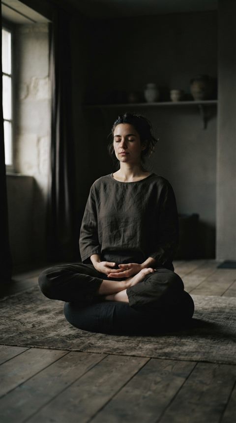 Cinematic film still of a person meditating in a calm room, centered subject with a simple uncluttered composition, moody dark tones, dramatic lighting, 9:16 aspect ratio