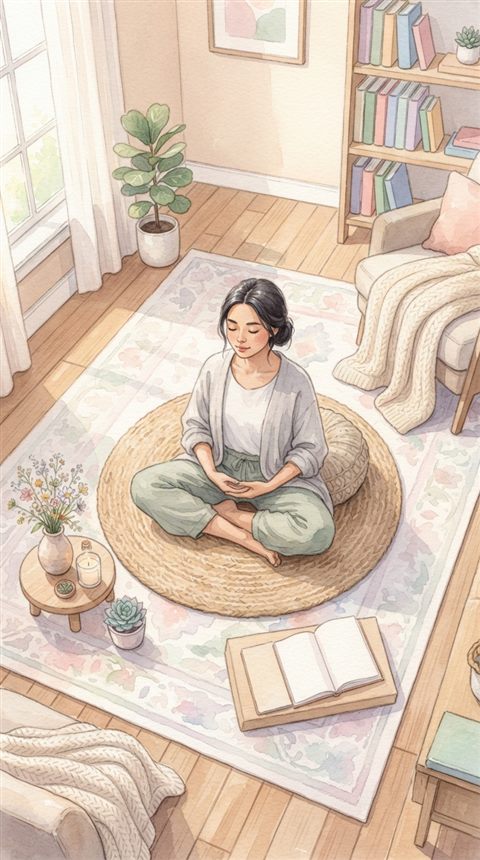 Watercolor illustration of a person meditating in a calm room, high-angle view from above, soft pastel colors, bright and cozy, 9:16 aspect ratio