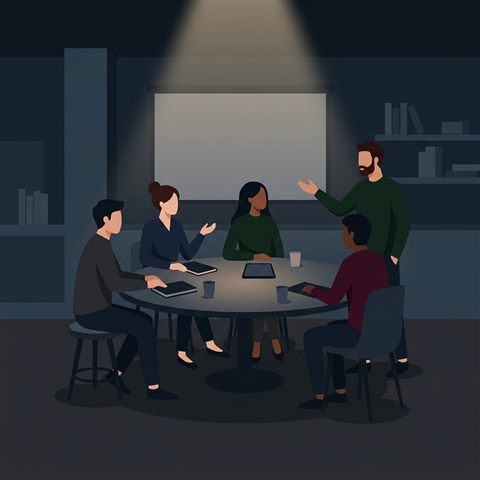 팀 회의, 미니멀 플랫 일러스트, 단순하고 깔끔한 구도 가운데 놓인 피사체, 어두운 톤, 극적인 조명, 1:1 비율