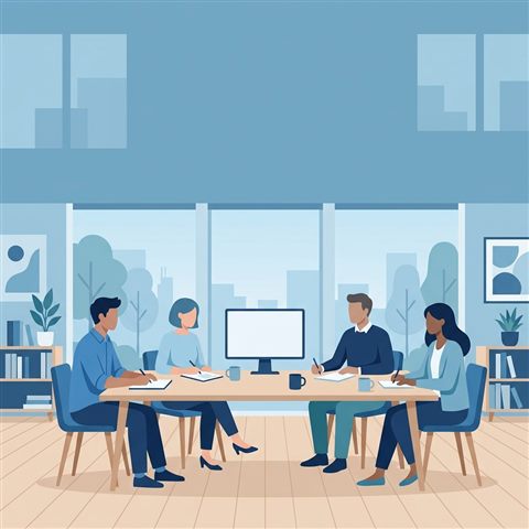 Minimal flat illustration of team meeting, wide shot with open space at the top for text, cool blue tones, quiet atmosphere, 1:1 aspect ratio