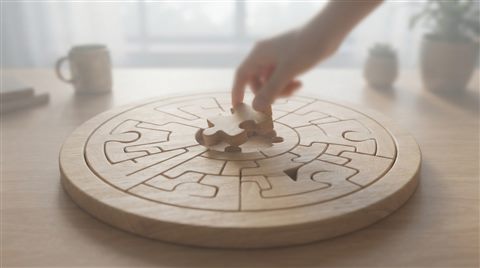 Soft 3D render of A minimalist wooden puzzle piece being placed into a board symbolizing cognitive focus, high-angle view from above, misty morning haze, dreamy, 16:9 aspect ratio