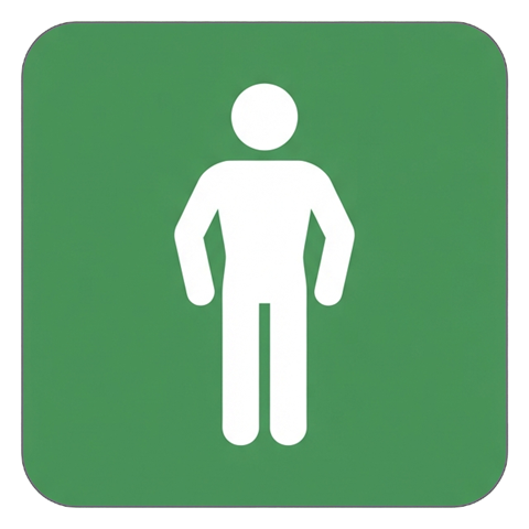 Pictogram sign, white figure on a solid green rounded square of a men's restroom pictogram with a single man figure, transparent background PNG