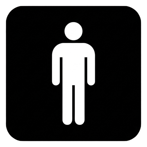 Pictogram sign, white figure on a solid black rounded square of a men's restroom pictogram with a single man figure, transparent background PNG