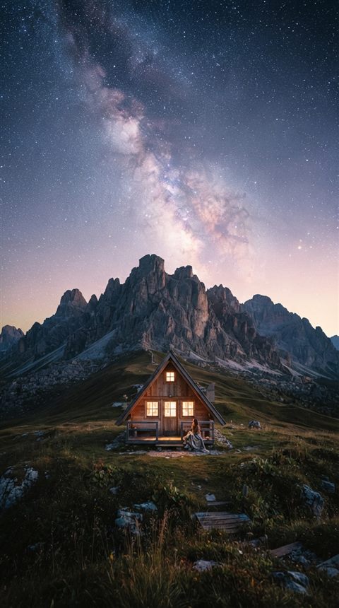 Cinematic film still of milky way over mountains, centered subject with a simple uncluttered composition, soft pastel colors, bright and cozy, 9:16 aspect ratio