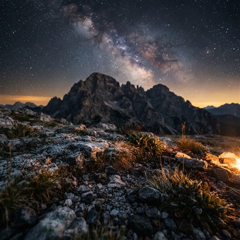Photorealistic photo of milky way over mountains, close-up detail with shallow depth of field, warm golden light, calm mood, 1:1 aspect ratio