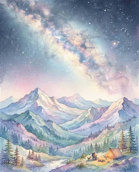 Watercolor illustration of milky way over mountains, wide shot with open space at the top for text, soft pastel colors, bright and cozy, 4:5 aspect ratio