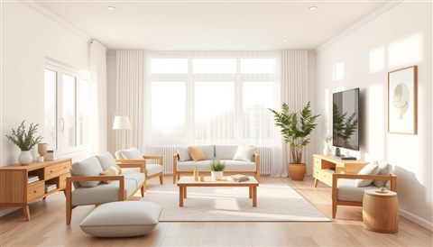 Soft 3D render of A clean, bright Scandinavian-style living room with neutral tones and simple wooden furniture, wide shot with open space at the top for text, misty morning haze, dreamy, 16:9 aspect ratio