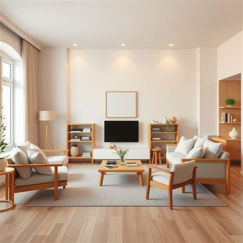Photorealistic photo of A clean, bright Scandinavian-style living room with neutral tones and simple wooden furniture, centered subject with a simple uncluttered composition, warm golden light, calm mood, 1:1 aspect ratio
