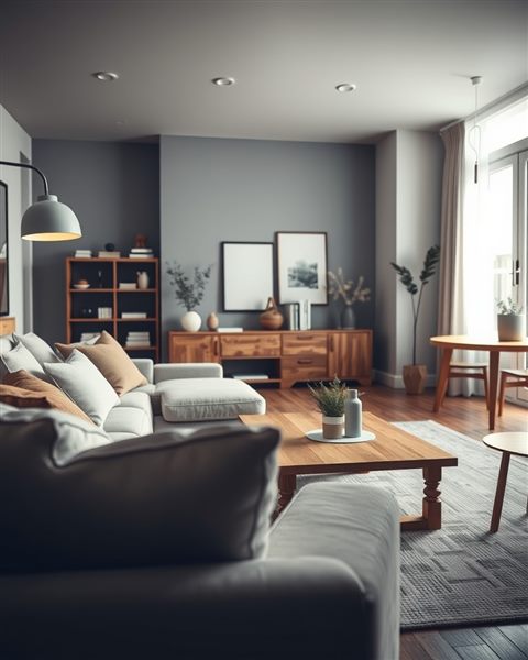 Photorealistic photo of A clean, bright Scandinavian-style living room with neutral tones and simple wooden furniture, close-up detail with shallow depth of field, moody dark tones, dramatic lighting, 4:5 aspect ratio