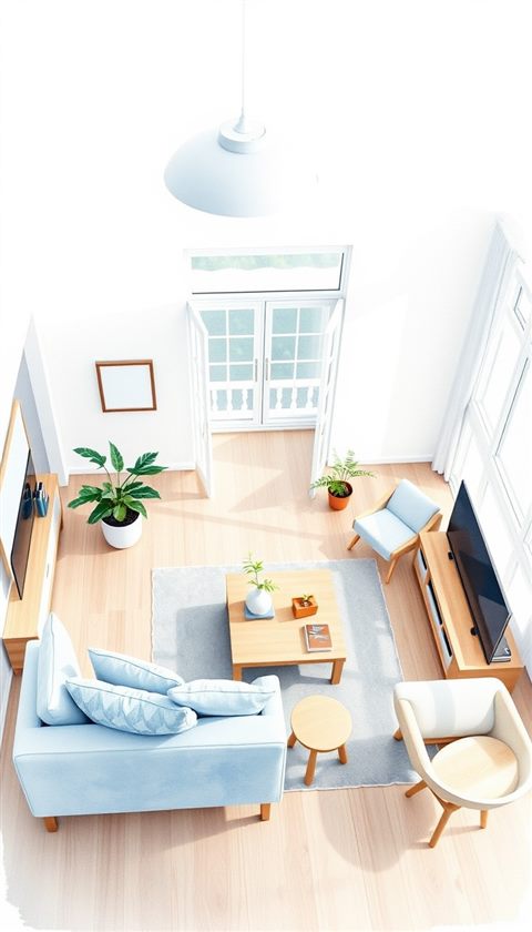 Watercolor illustration of A clean, bright Scandinavian-style living room with neutral tones and simple wooden furniture, high-angle view from above, cool blue tones, quiet atmosphere, 9:16 aspect ratio