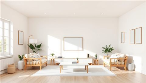 Minimal flat illustration of A clean, bright Scandinavian-style living room with neutral tones and simple wooden furniture, wide shot with open space at the top for text, soft pastel colors, bright and cozy, 16:9 aspect ratio