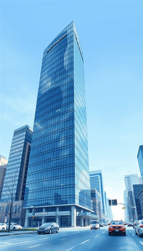 Watercolor illustration of Minimalist glass and steel skyscraper reflecting the clear blue sky in a modern metropolis, wide shot with open space at the top for text, cool blue tones, quiet atmosphere, 9:16 aspect ratio