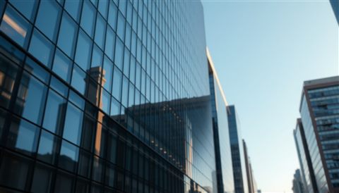 Photorealistic photo of Minimalist glass and steel skyscraper reflecting the clear blue sky in a modern metropolis, close-up detail with shallow depth of field, warm golden light, calm mood, 16:9 aspect ratio
