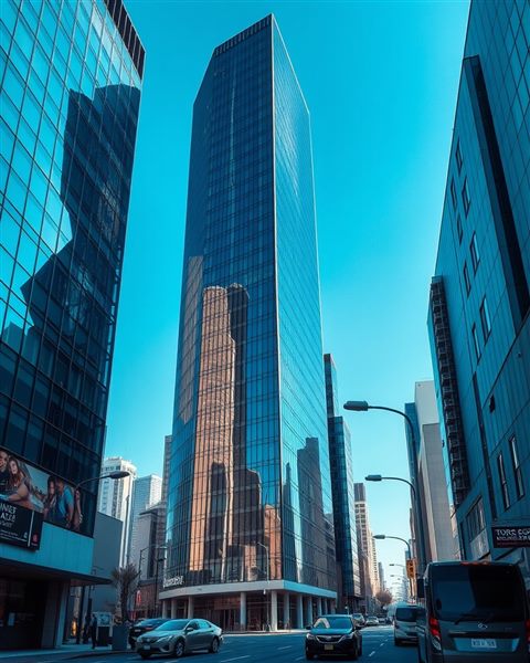 Cinematic film still of Minimalist glass and steel skyscraper reflecting the clear blue sky in a modern metropolis, centered subject with a simple uncluttered composition, vivid colors, high contrast, energetic, 4:5 aspect ratio