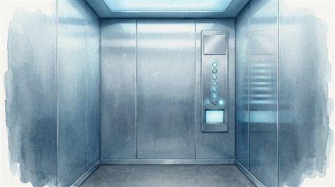 Watercolor illustration of interior of a modern sleek stainless steel elevator with illuminated buttons, centered subject with a simple uncluttered composition, cool blue tones, quiet atmosphere, 16:9 aspect ratio