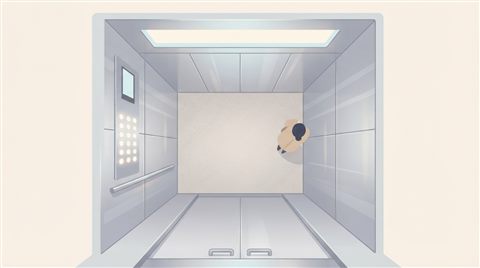 Minimal flat illustration of interior of a modern sleek stainless steel elevator with illuminated buttons, high-angle view from above, soft pastel colors, bright and cozy, 16:9 aspect ratio