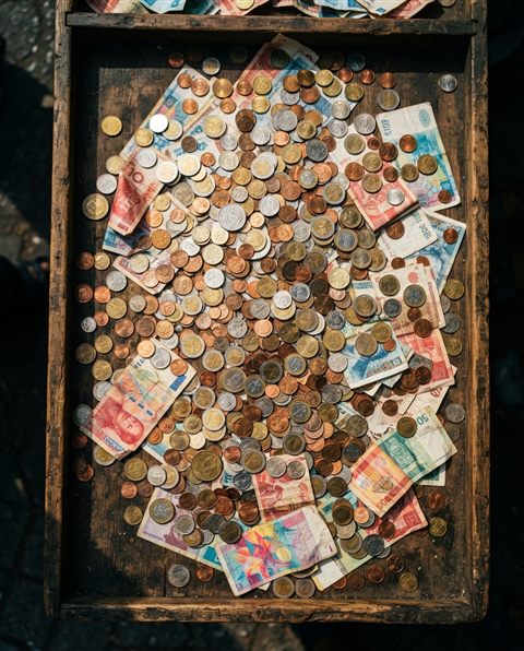 Cinematic film still of coins and banknotes, high-angle view from above, vivid colors, high contrast, energetic, 4:5 aspect ratio