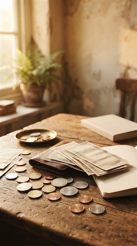Cinematic film still of coins and banknotes, wide shot with open space at the top for text, warm golden light, calm mood, 9:16 aspect ratio
