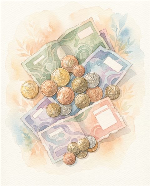 Watercolor illustration of coins and banknotes, centered subject with a simple uncluttered composition, soft pastel colors, bright and cozy, 4:5 aspect ratio