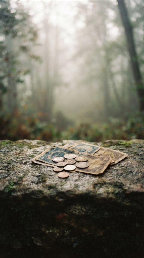 Cinematic film still of coins and banknotes, centered subject with a simple uncluttered composition, misty morning haze, dreamy, 9:16 aspect ratio