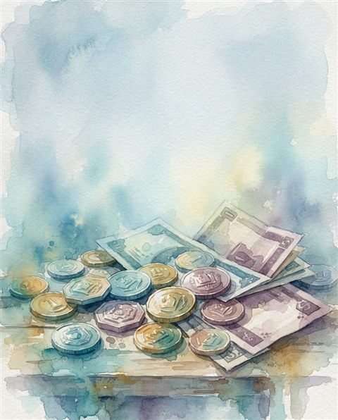 Watercolor illustration of coins and banknotes, wide shot with open space at the top for text, misty morning haze, dreamy, 4:5 aspect ratio