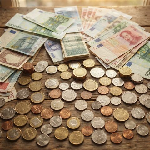 Photorealistic photo of coins and banknotes, high-angle view from above, warm golden light, calm mood, 1:1 aspect ratio