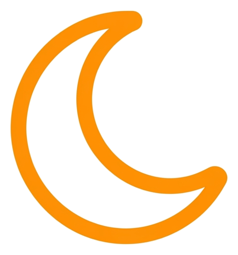 Rounded line icon, thick orange outline of a crescent moon icon, transparent background PNG