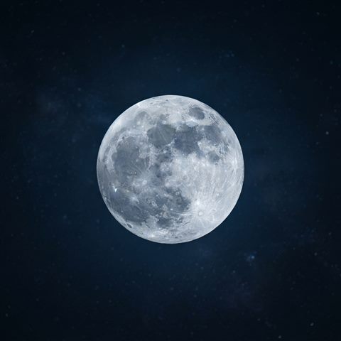 Photorealistic photo of full moon in the night sky, close-up detail with shallow depth of field, cool blue tones, quiet atmosphere, 1:1 aspect ratio