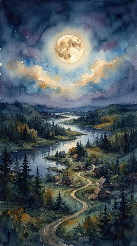 Watercolor illustration of full moon in the night sky, high-angle view from above, warm golden light, calm mood, 9:16 aspect ratio