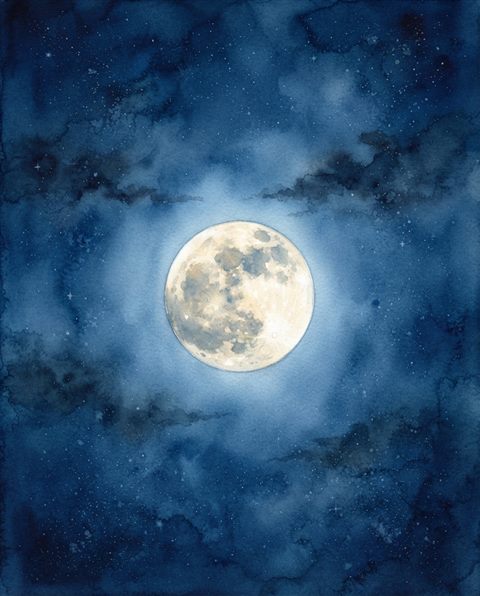 Watercolor illustration of full moon in the night sky, centered subject with a simple uncluttered composition, cool blue tones, quiet atmosphere, 4:5 aspect ratio