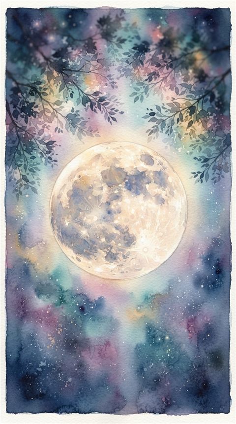 Watercolor illustration of full moon in the night sky, close-up detail with shallow depth of field, soft pastel colors, bright and cozy, 9:16 aspect ratio