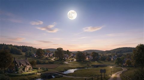 Photorealistic photo of full moon in the night sky, wide shot with open space at the top for text, soft pastel colors, bright and cozy, 16:9 aspect ratio