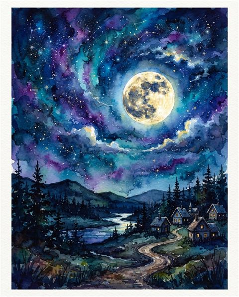 Watercolor illustration of full moon in the night sky, wide shot with open space at the top for text, vivid colors, high contrast, energetic, 4:5 aspect ratio