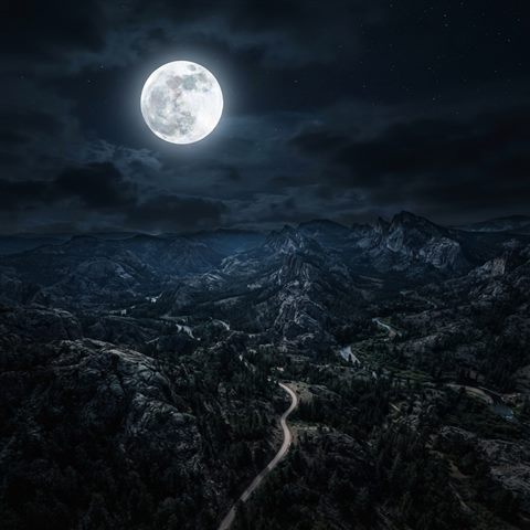 Photorealistic photo of full moon in the night sky, high-angle view from above, moody dark tones, dramatic lighting, 1:1 aspect ratio