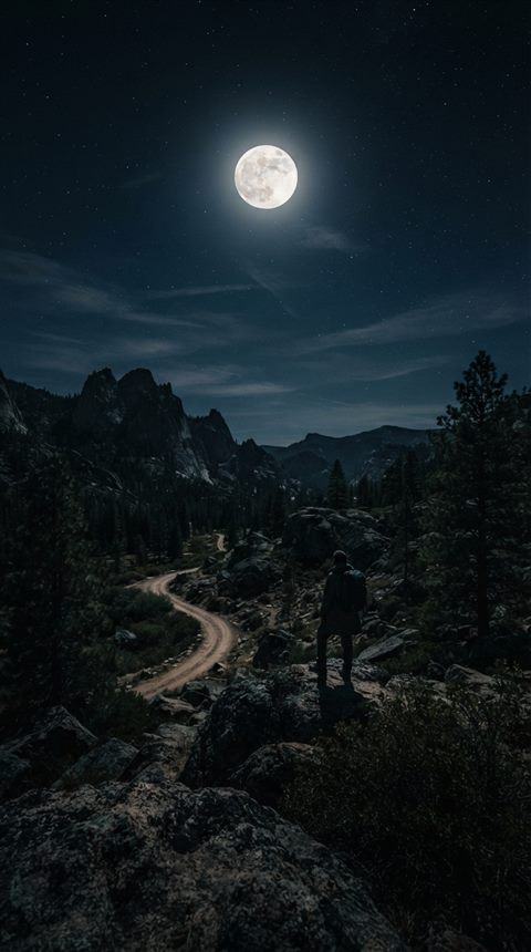 Cinematic film still of full moon in the night sky, wide shot with open space at the top for text, moody dark tones, dramatic lighting, 9:16 aspect ratio