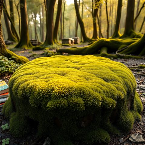 Photorealistic photo of A lush, vibrant green carpet of moss covering an ancient stone surface in a damp forest, centered subject with a simple uncluttered composition, warm golden light, calm mood, 1:1 aspect ratio